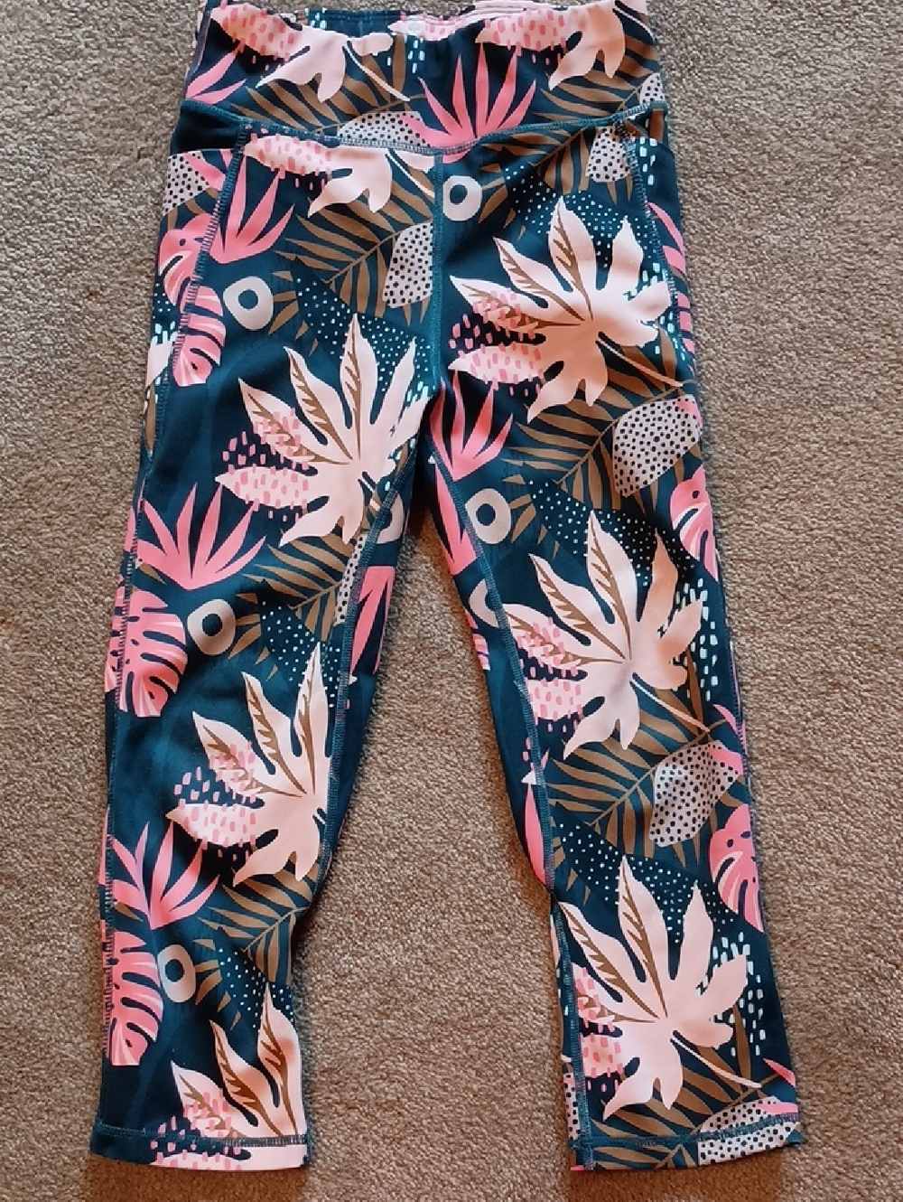 Senita Athletics GIRLS Pink and Teal Tropical Print Capris